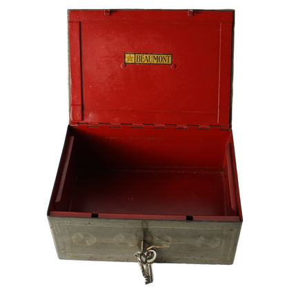 Vintage Metal Safe Box | Mid-20th Century | Red Lacquered Interior | Beaumont
