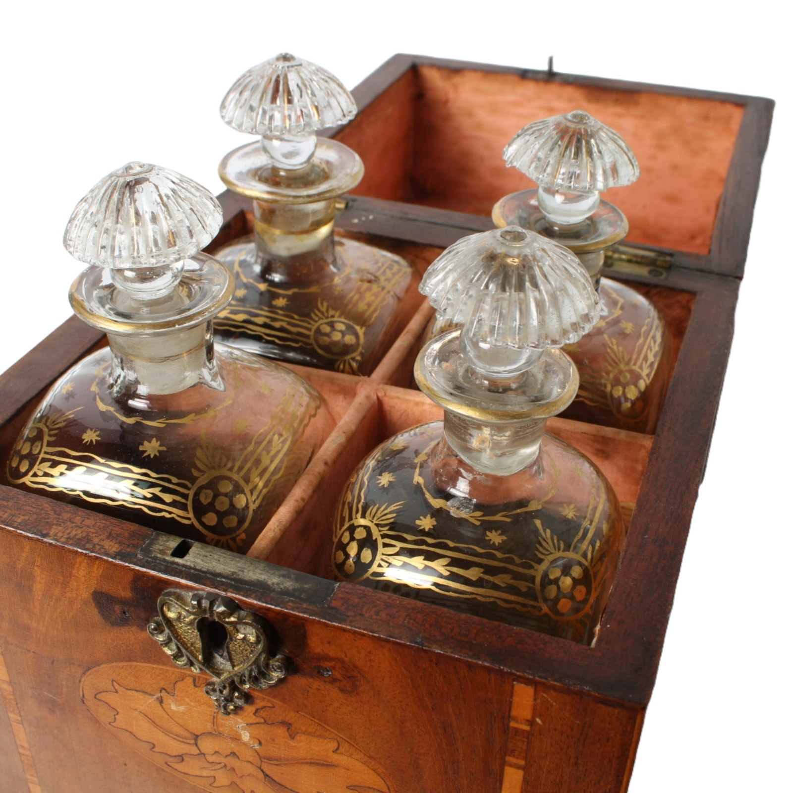 Antique Mahogany Liquor Caddy | 19th-Century Box with Crystal Decanters & Gold