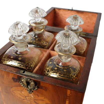 Antique Mahogany Liquor Caddy | 19th-Century Box with Crystal Decanters & Gold