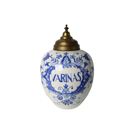 Large Delft Blue Tobacco Jar with Lid | Hand-painted VARINAS inscription |