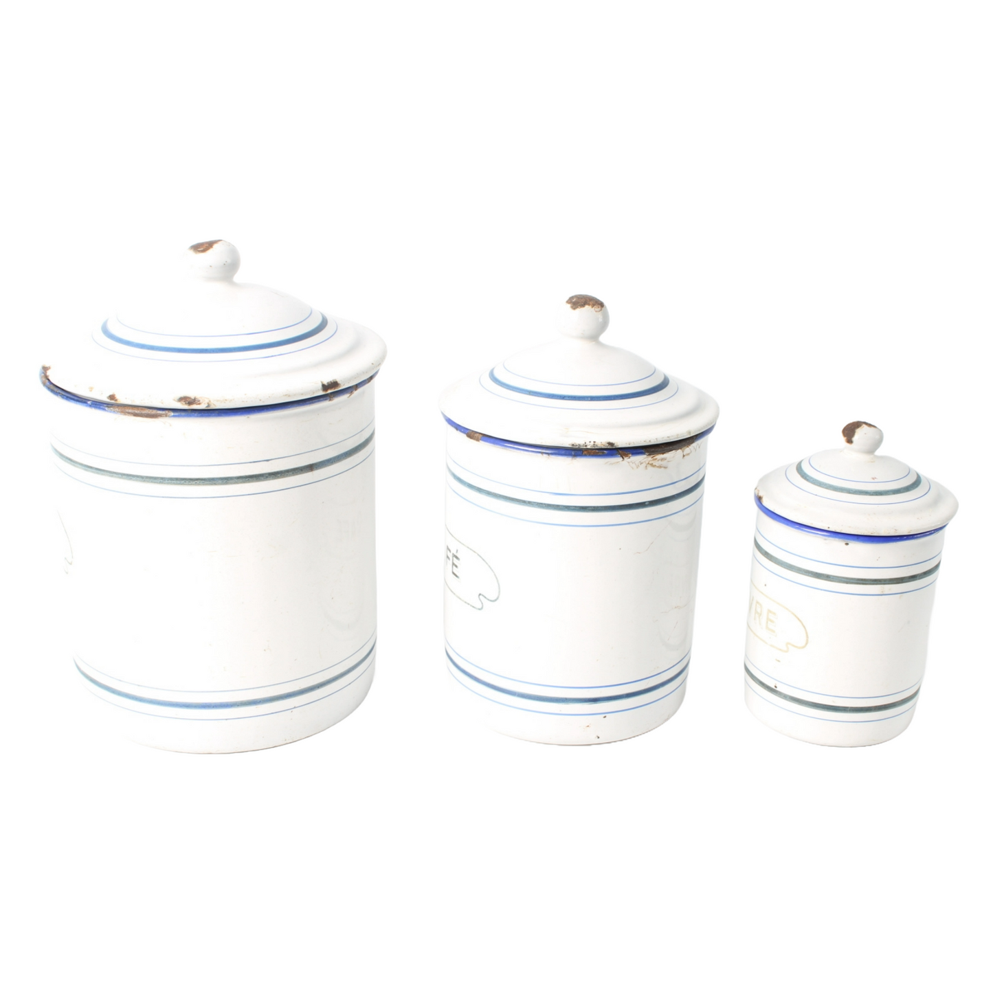 Set of Three Antique Enamel Canisters – "Sucre", "Café", and "Poivre"