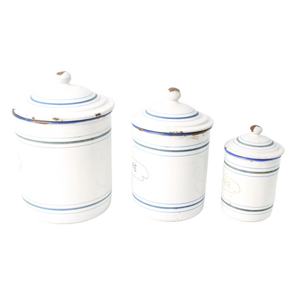Set of Three Antique Enamel Canisters – "Sucre", "Café", and "Poivre"