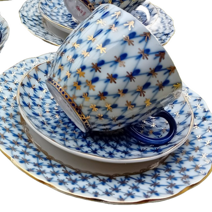 Luxury 23-Piece Vintage Lomonosov Cobalt Net Coffee Set with Gold Accents