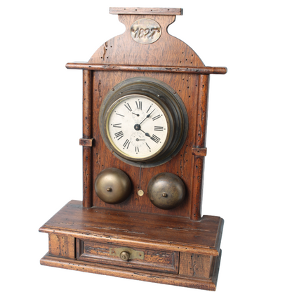 Antique Wooden Mechanical Alarm Clock with Double Bell, Drawer and Pendulum