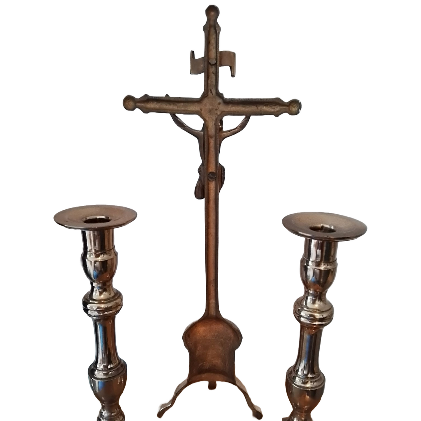 Beautiful Set of 2 Candlesticks and a Crucifix - Belgian Craftsmanship