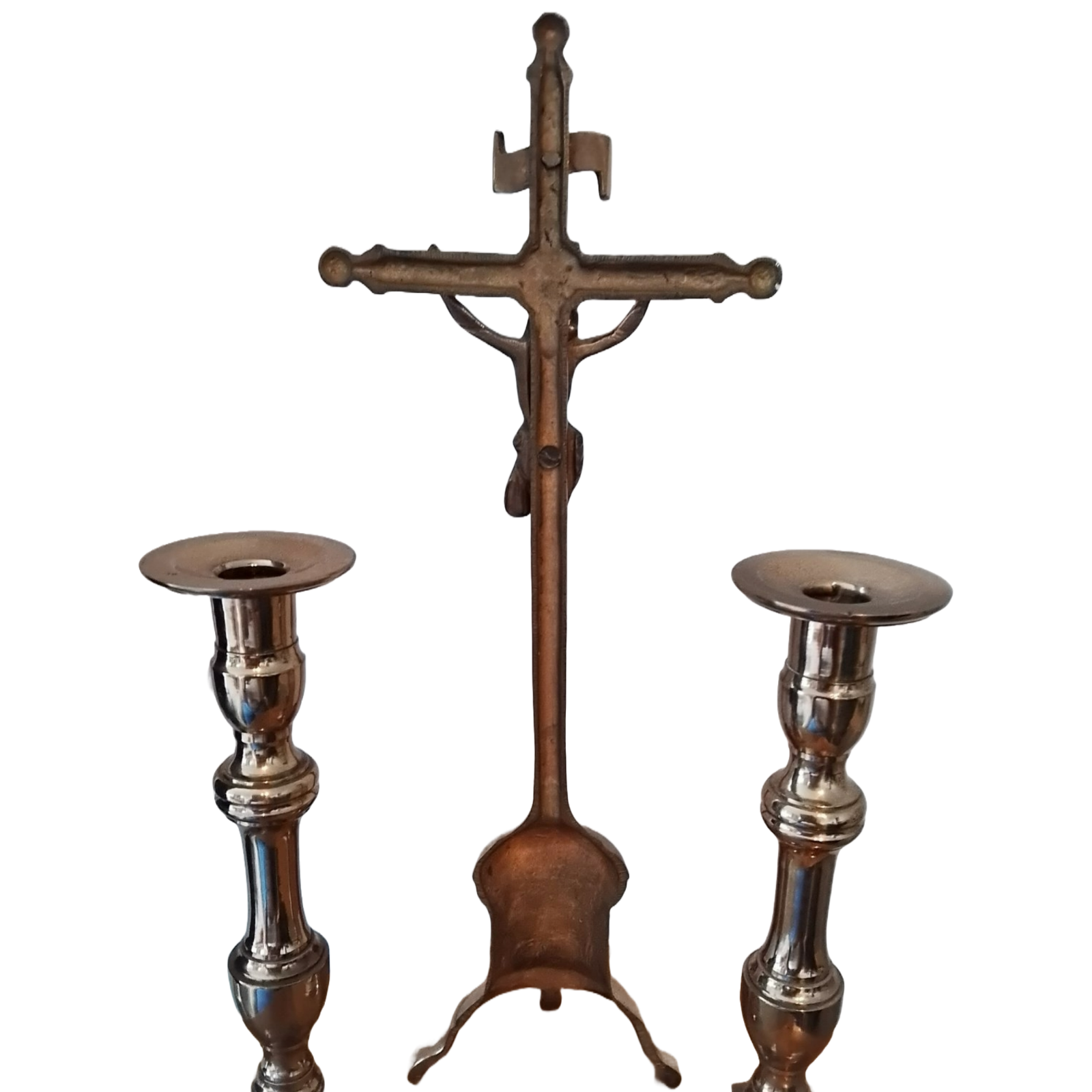 Beautiful Set of 2 Candlesticks and a Crucifix - Belgian Craftsmanship