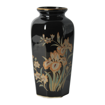 Vintage Hand-Painted Japanese Ceramic Vase with Iris Motif, Black and Gold, 1950