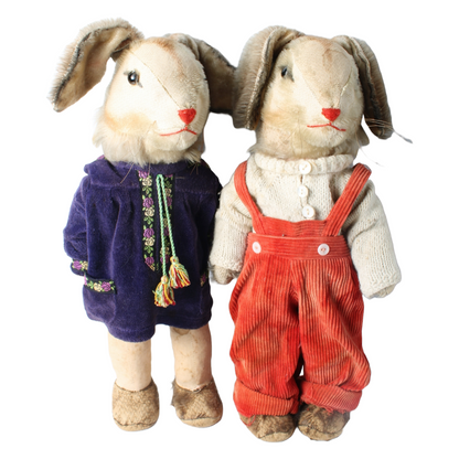 Antique Pair of Rabbit Dolls – Handmade Fabric Outfits – Rare Collectible Toy