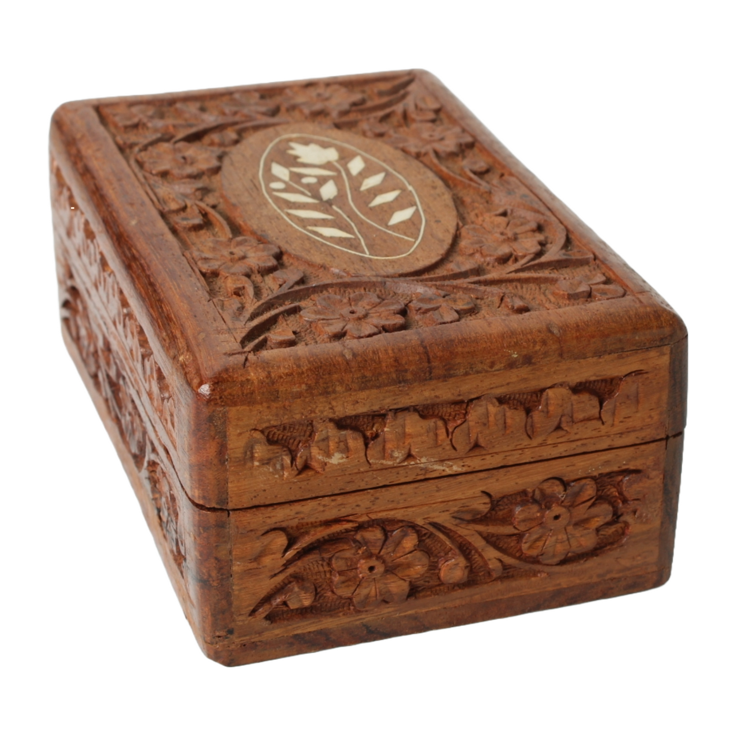 Vintage Hand Carved Floral Inlay Lined Wooden Jewelry Box India Storage Box