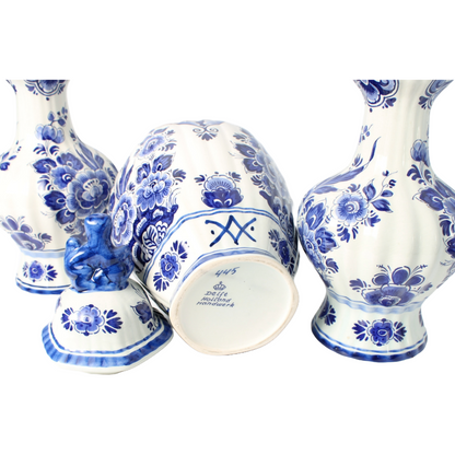 Hand-Painted Delft Blue Vase Set by Flora/Royal Goedewaagen, Mid-20th Century,