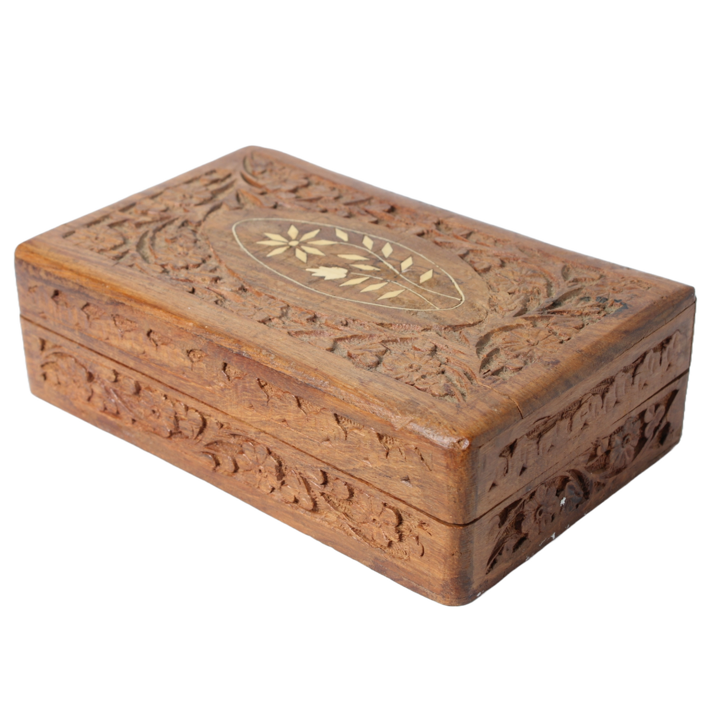 Hand-Carved Wooden Jewelry Box from India with Floral Relief and Inlaid Panel
