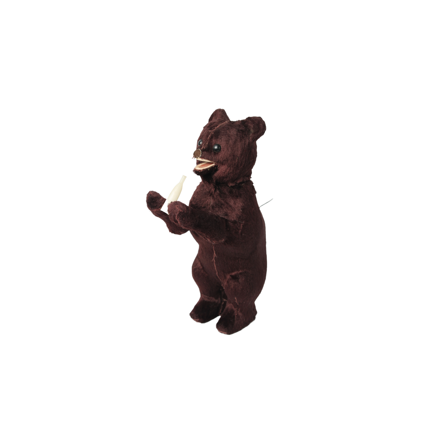 Mechanical Wind-Up Bear with Bottle c. 1930–1960 | Dark Brown Plush Toy Bear