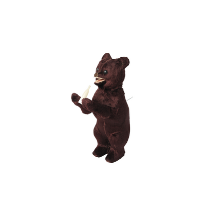 Mechanical Wind-Up Bear with Bottle c. 1930–1960 | Dark Brown Plush Toy Bear