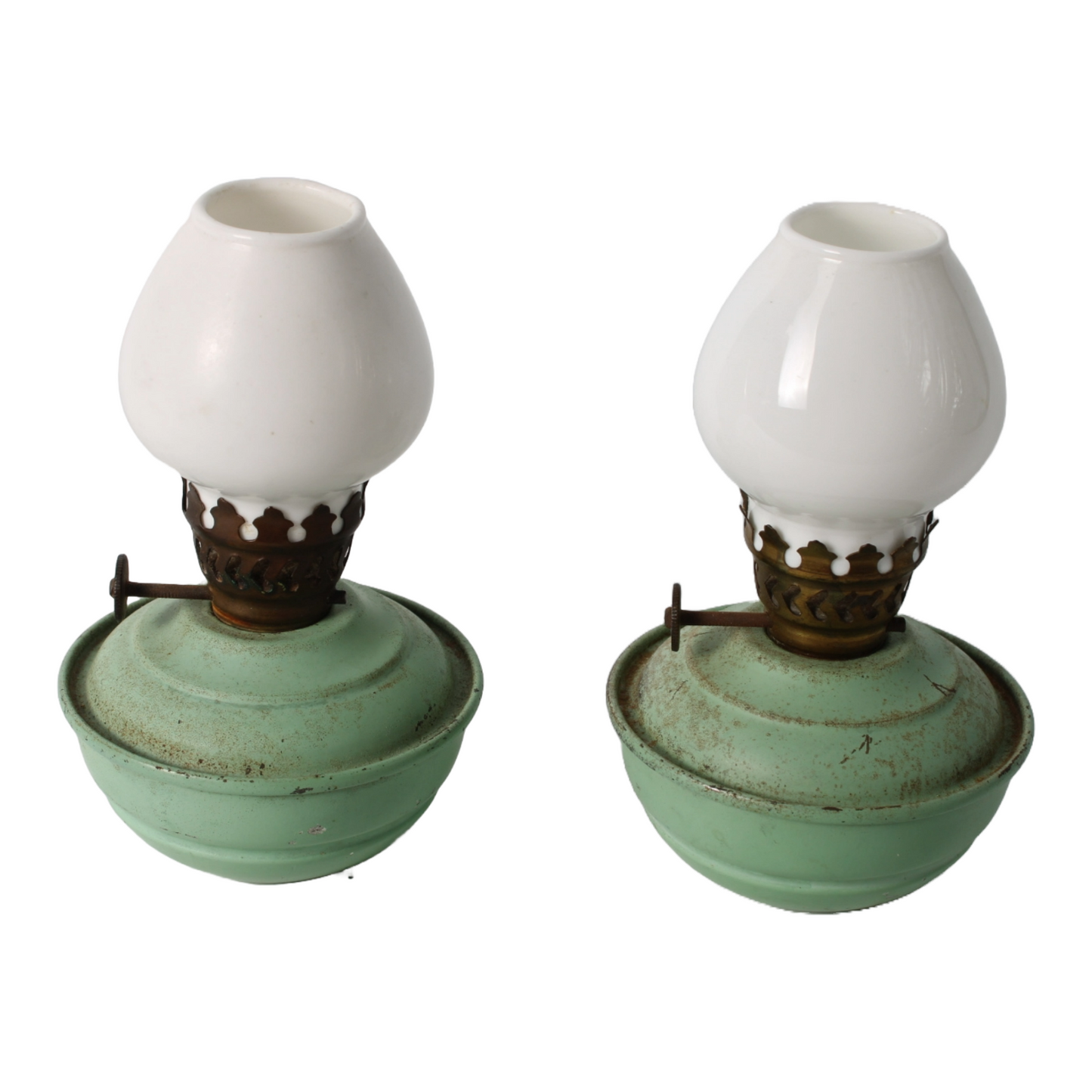 Vintage English Oil Lamp Set – Green Metal Kerosene Lamps with Brass Burner