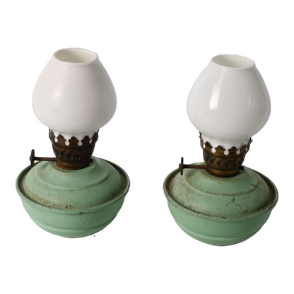 Vintage English Oil Lamp Set – Green Metal Kerosene Lamps with Brass Burner