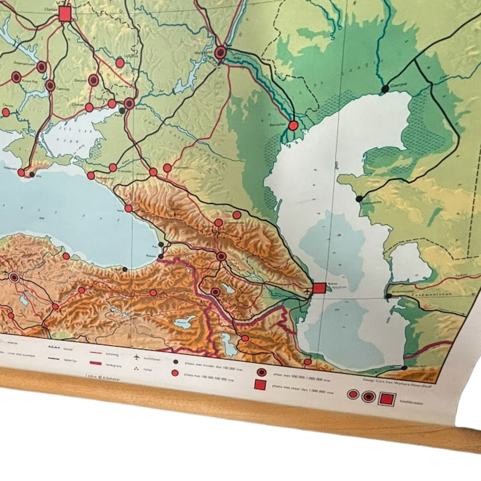 Vintage Eastern Europe School Map from 1970 on Canvas with Wooden Rods