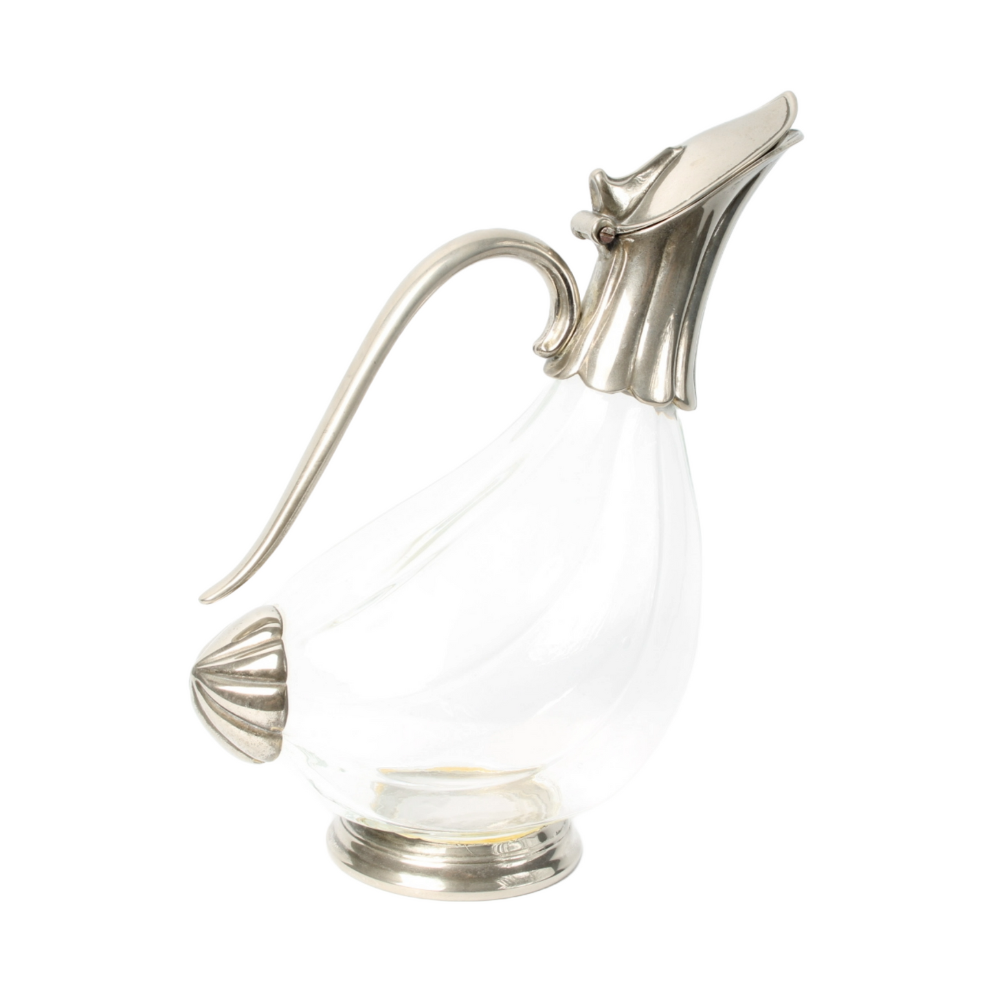 Elegant French Glass Carafe with Silver-Plated Details – 25 cm Long, 20 cm Tall