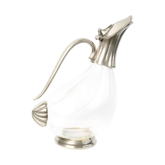 Elegant French Glass Carafe with Silver-Plated Details – 25 cm Long, 20 cm Tall