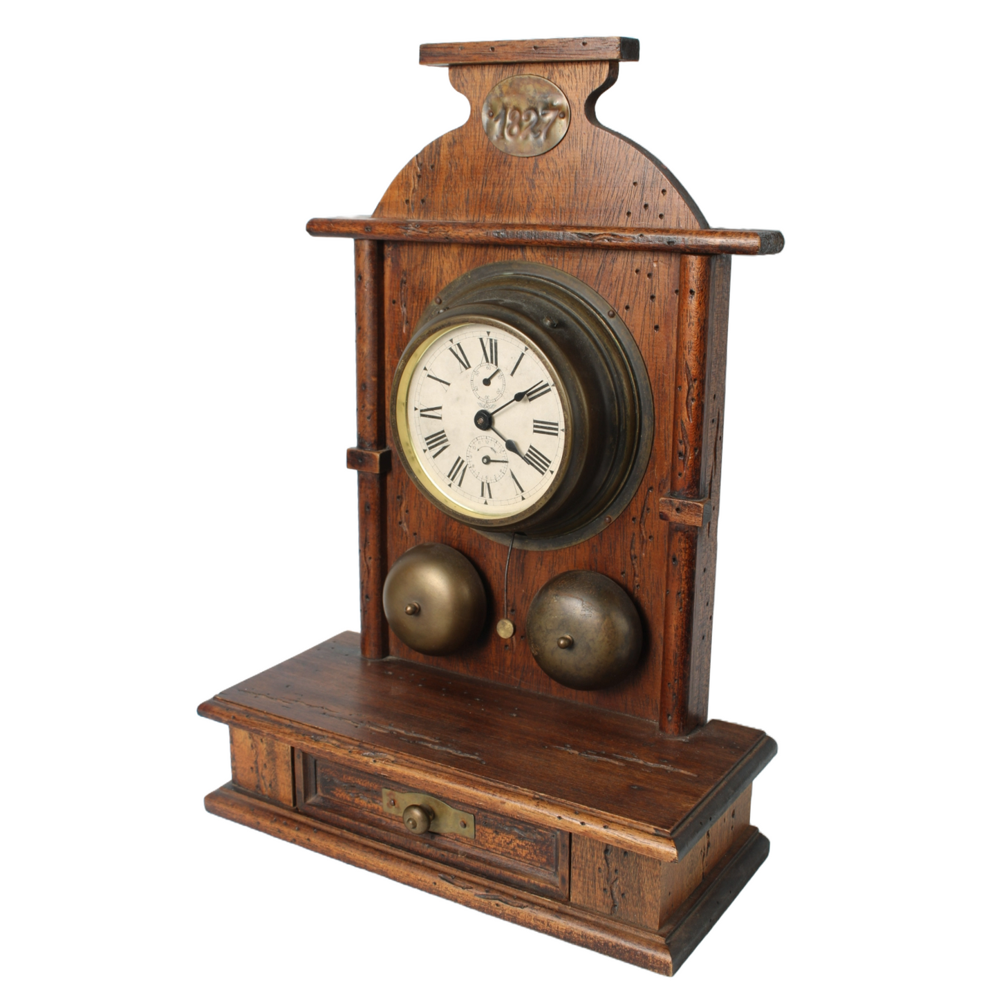 Antique Wooden Mechanical Alarm Clock with Double Bell, Drawer and Pendulum