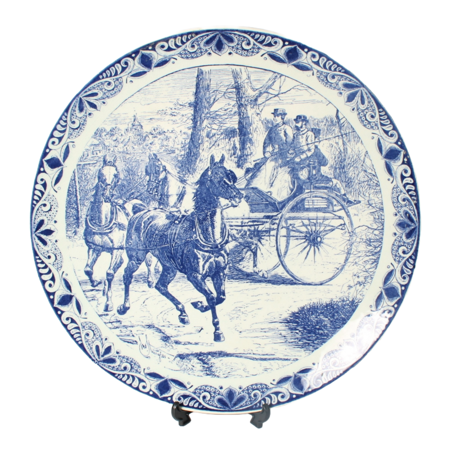 Large Hand-Painted Chemkefa Delft Blue Plate with Horse and Carriage Scene