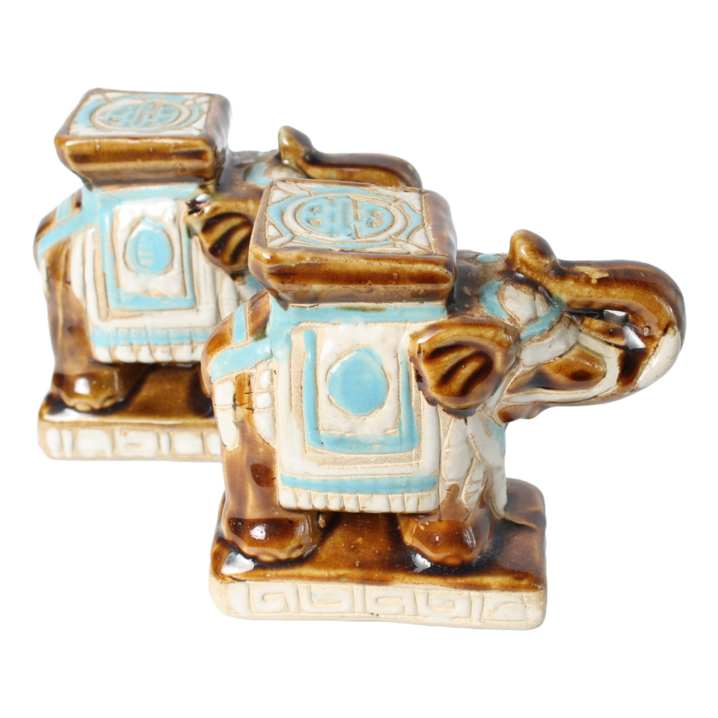 Set of 2 Vintage Ceramic Elephant Figurines with Hand-Painted Blue and Brown