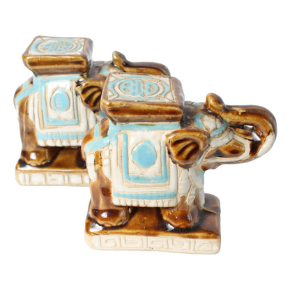 Set of 2 Vintage Ceramic Elephant Figurines with Hand-Painted Blue and Brown