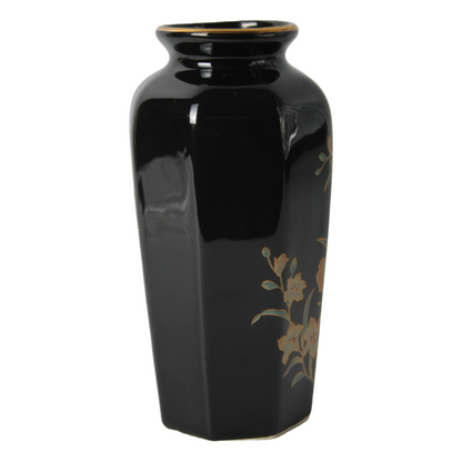 Vintage Hand-Painted Japanese Ceramic Vase with Iris Motif, Black and Gold, 1950