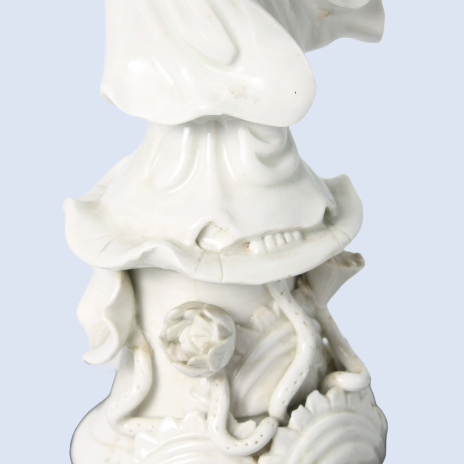 White Porcelain Guanyin Figure on Wooden Base, ca. 1920–1940, Blanc de Chine