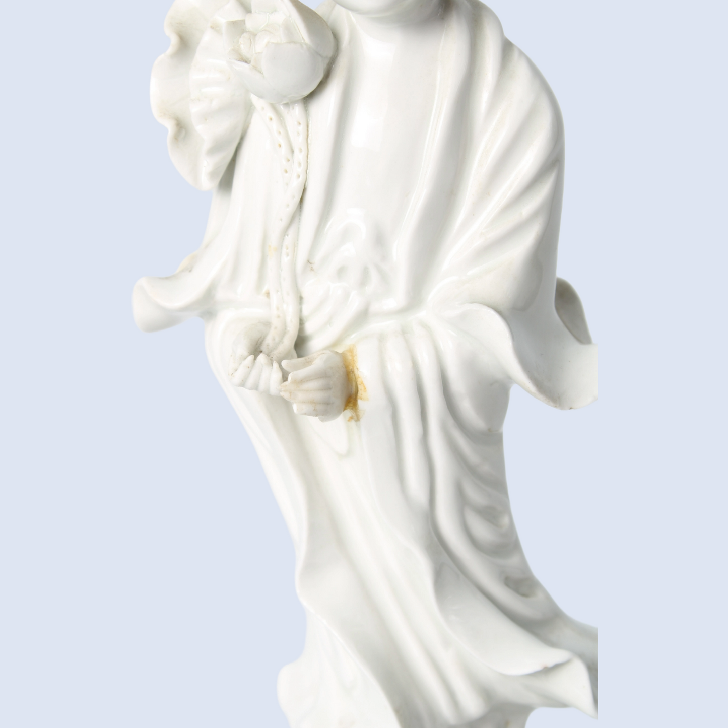 White Porcelain Guanyin Figure on Wooden Base, ca. 1920–1940, Blanc de Chine
