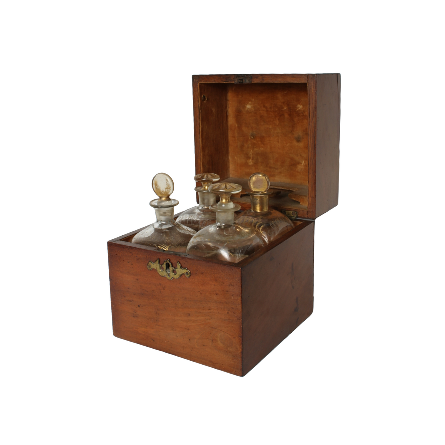 Antique Wooden Tantalus Liquor Box with Four Hand-Blown Decanters – ca. 1850
