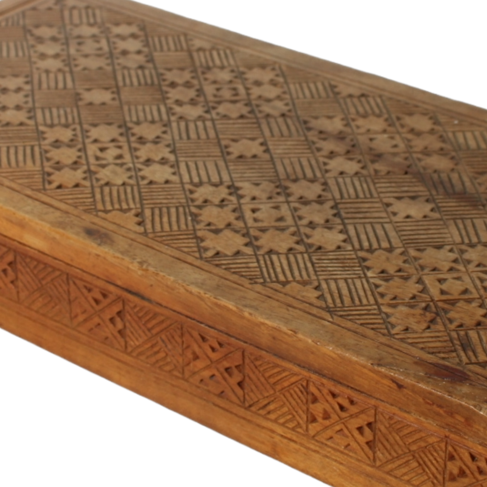 Antique Wooden Storage Box – Hand-Carved Geometric Design – Decorative and Funct