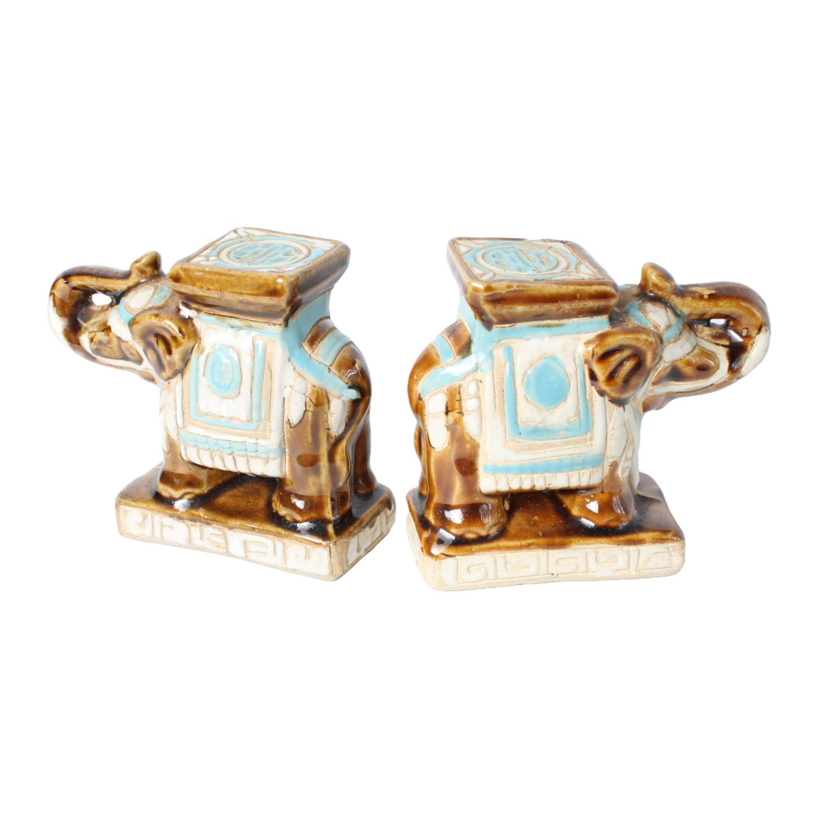 Set of 2 Vintage Ceramic Elephant Figurines with Hand-Painted Blue and Brown