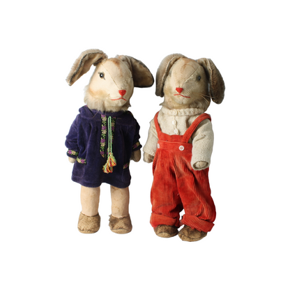 Antique Pair of Rabbit Dolls – Handmade Fabric Outfits – Rare Collectible Toy