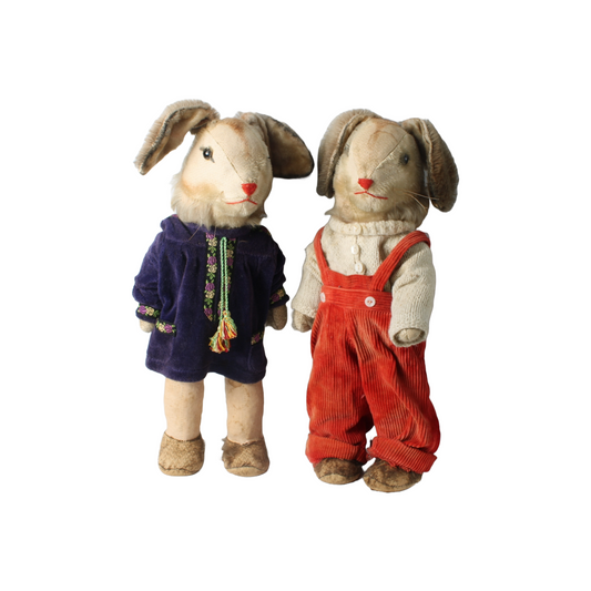 Antique Pair of Rabbit Dolls – Handmade Fabric Outfits – Rare Collectible Toy