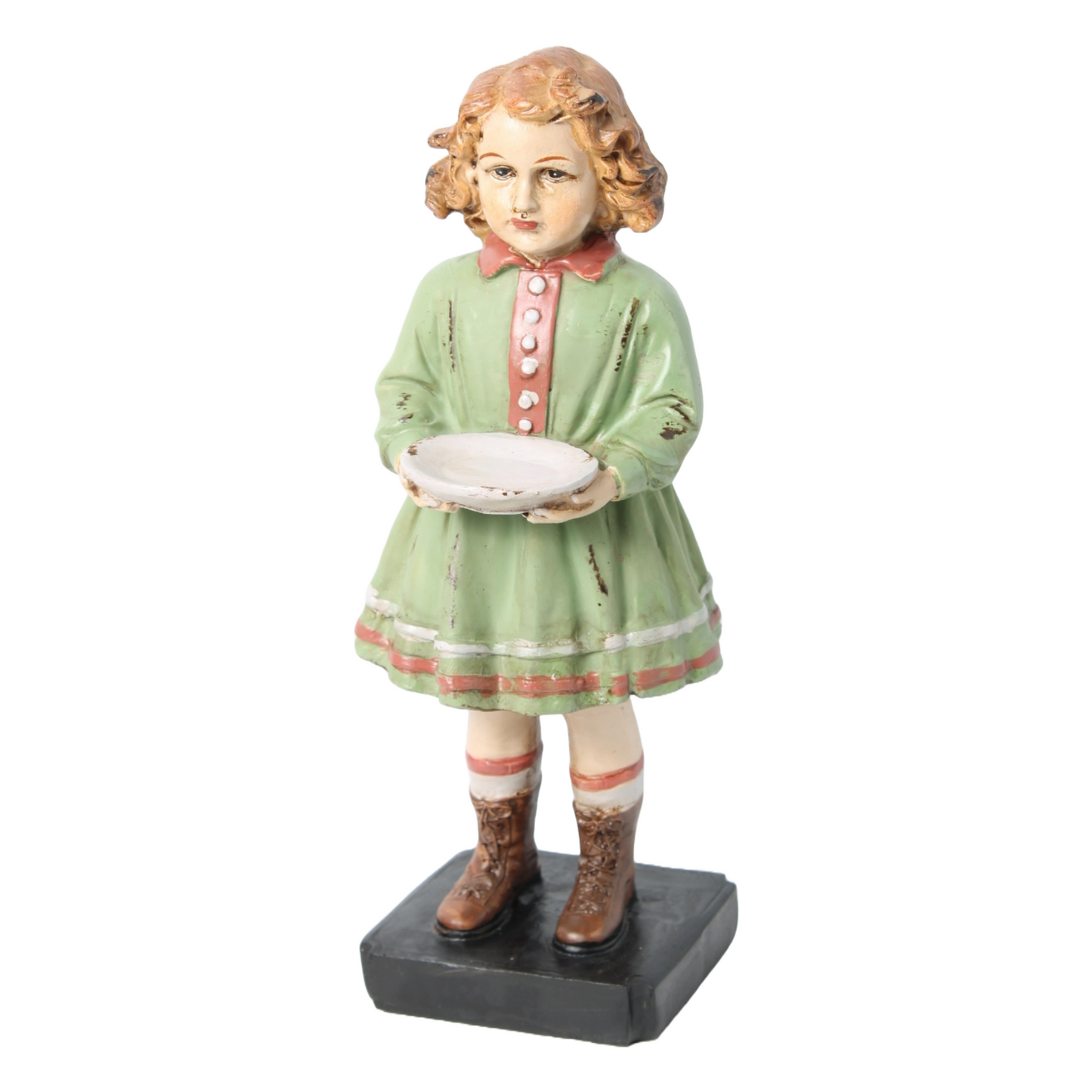 Nostalgic Hand-Painted Brocante Figurine of a Girl in a Green Dress with a Dish
