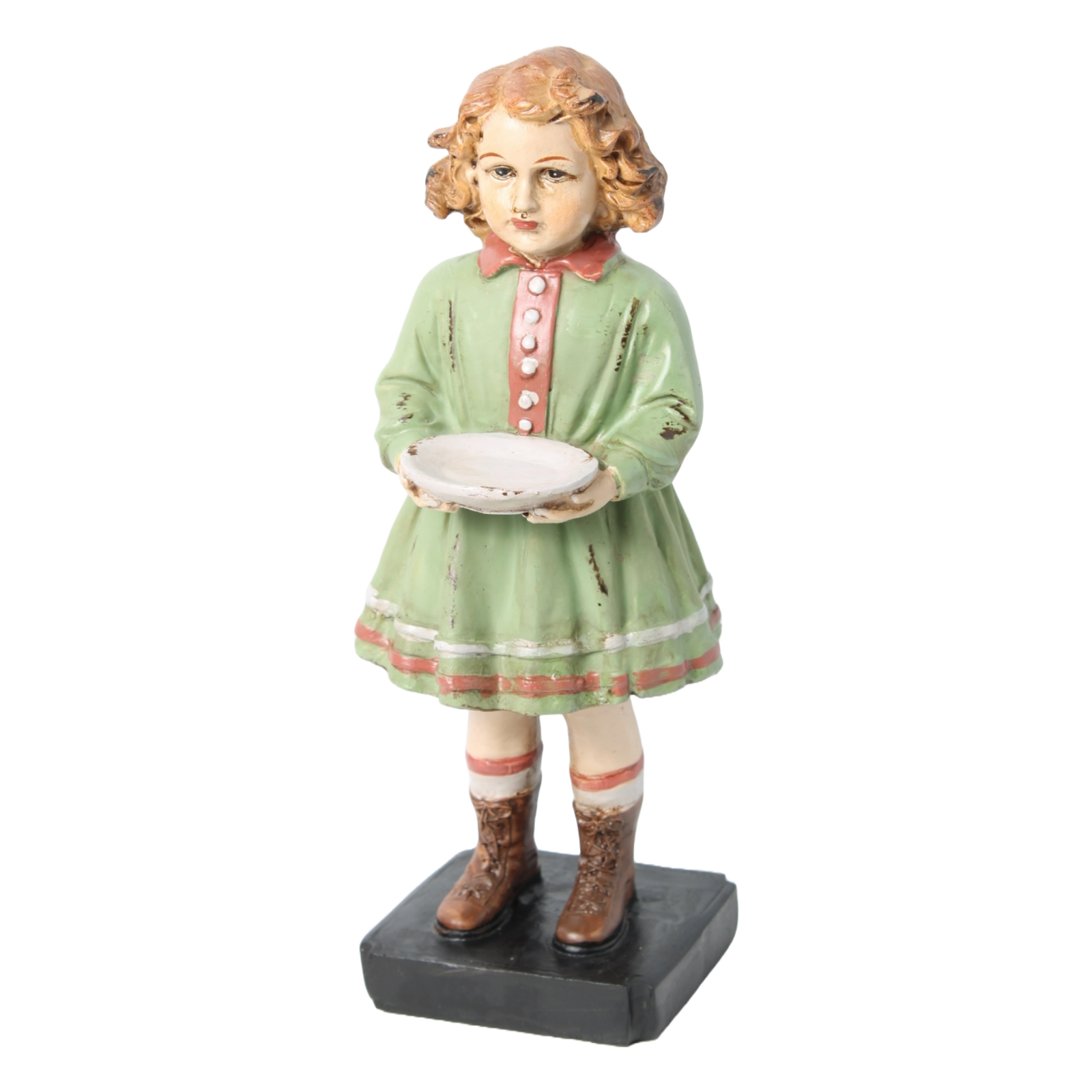 Nostalgic Hand-Painted Brocante Figurine of a Girl in a Green Dress with a Dish