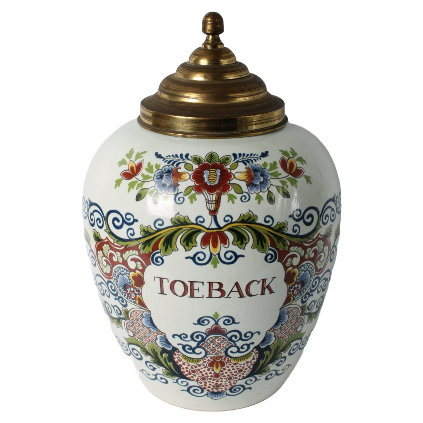 Rare vintage tobacco jar “TOEBACK” with brass lid | Delft blue