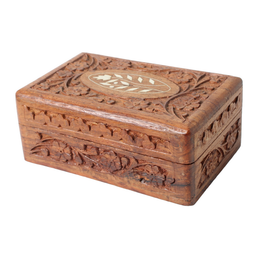 Vintage Hand Carved Floral Inlay Lined Wooden Jewelry Box India Storage Box