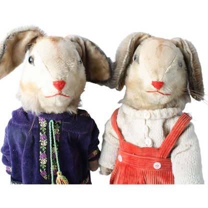 Antique Pair of Rabbit Dolls – Handmade Fabric Outfits – Rare Collectible Toy