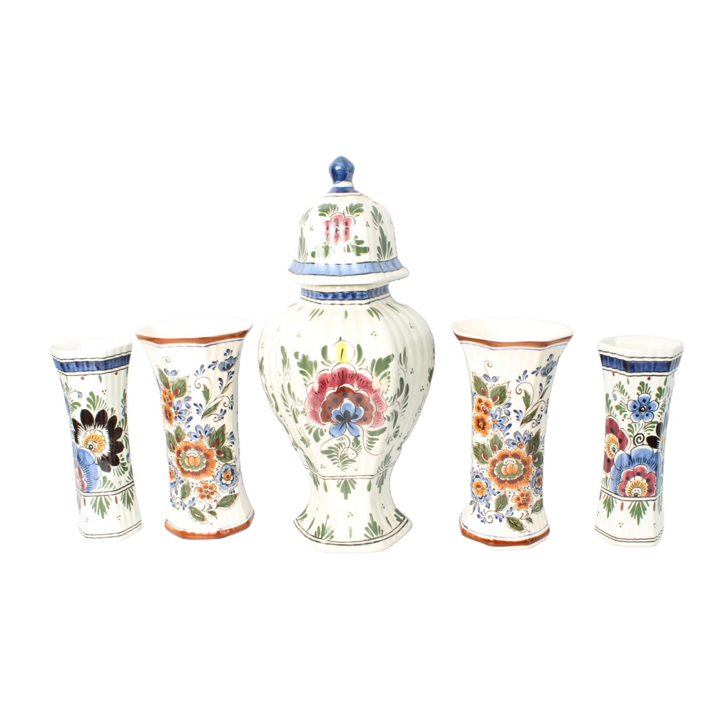Traditional 11-Piece Hand-Painted Polychrome Delft Pottery Set - Vases, Plates,
