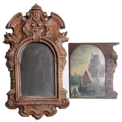 Antique Wooden Mirror Panel with Hidden Painting – Dutch Harbor Scene