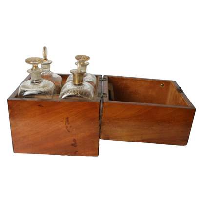 Antique Wooden Tantalus Liquor Box with Four Hand-Blown Decanters – ca. 1850