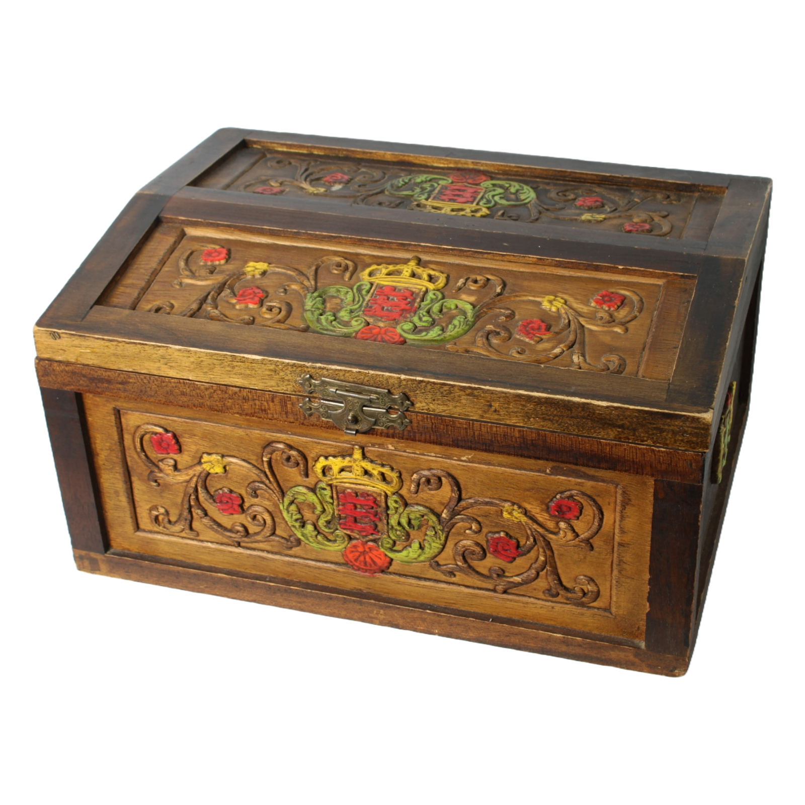 Unique Antique Wooden Chest with Colorful Coat of Arms | Hand-Carved & Painted |