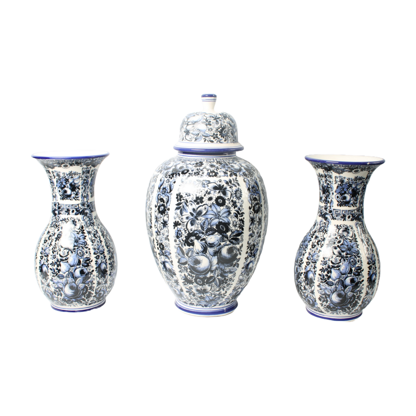 Set of Three Delft Blue Vases with Lidded Vase, Traditional Floral Motifs