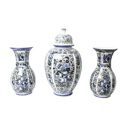 Set of Three Delft Blue Vases with Lidded Vase, Traditional Floral Motifs