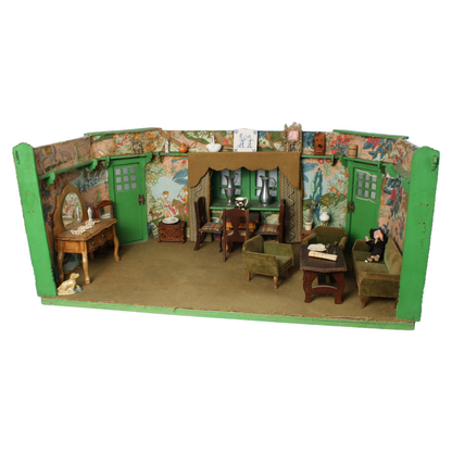 Antique Green Dollhouse Room ca. 1935–1950 | Detailed Miniature Living Room