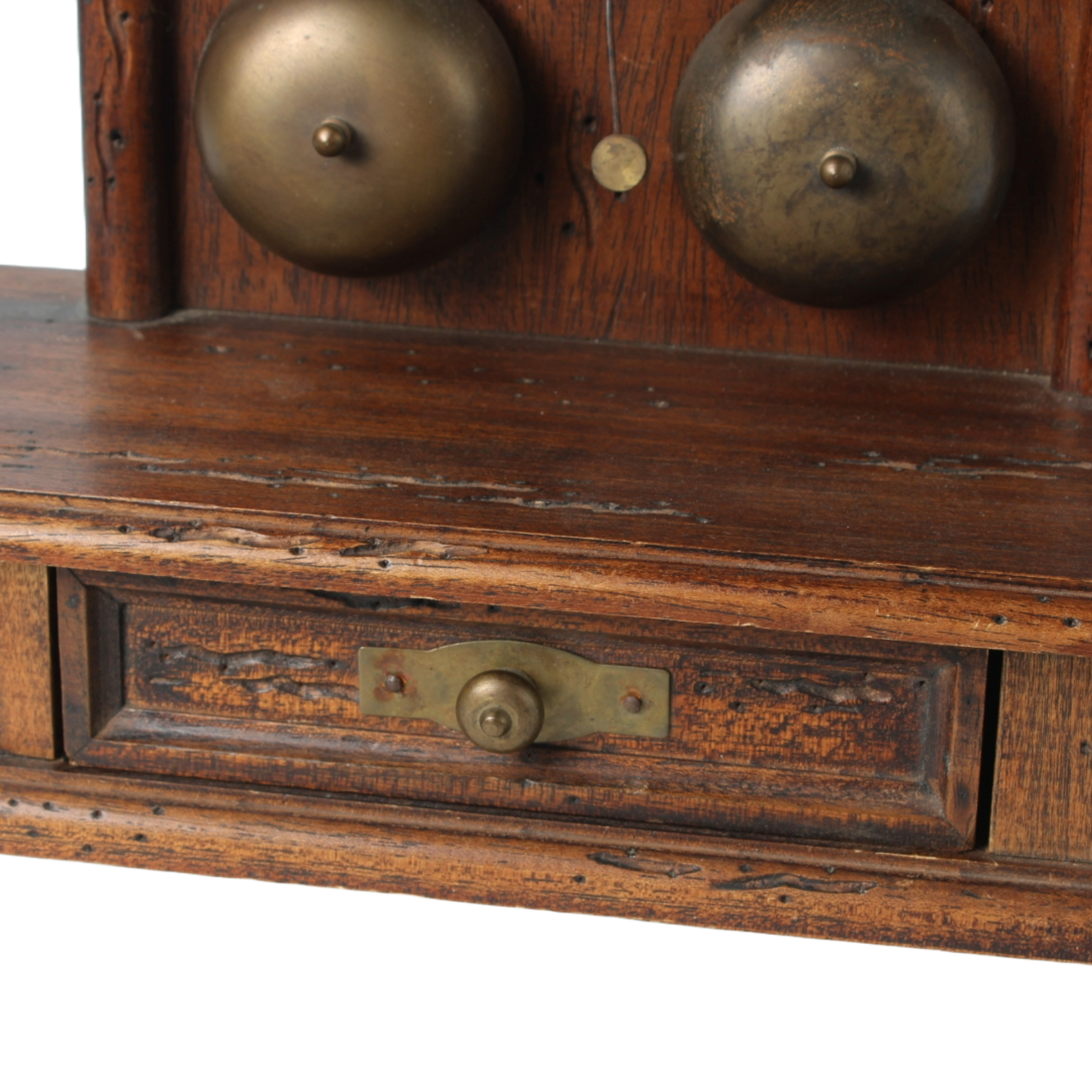 Antique Wooden Mechanical Alarm Clock with Double Bell, Drawer and Pendulum