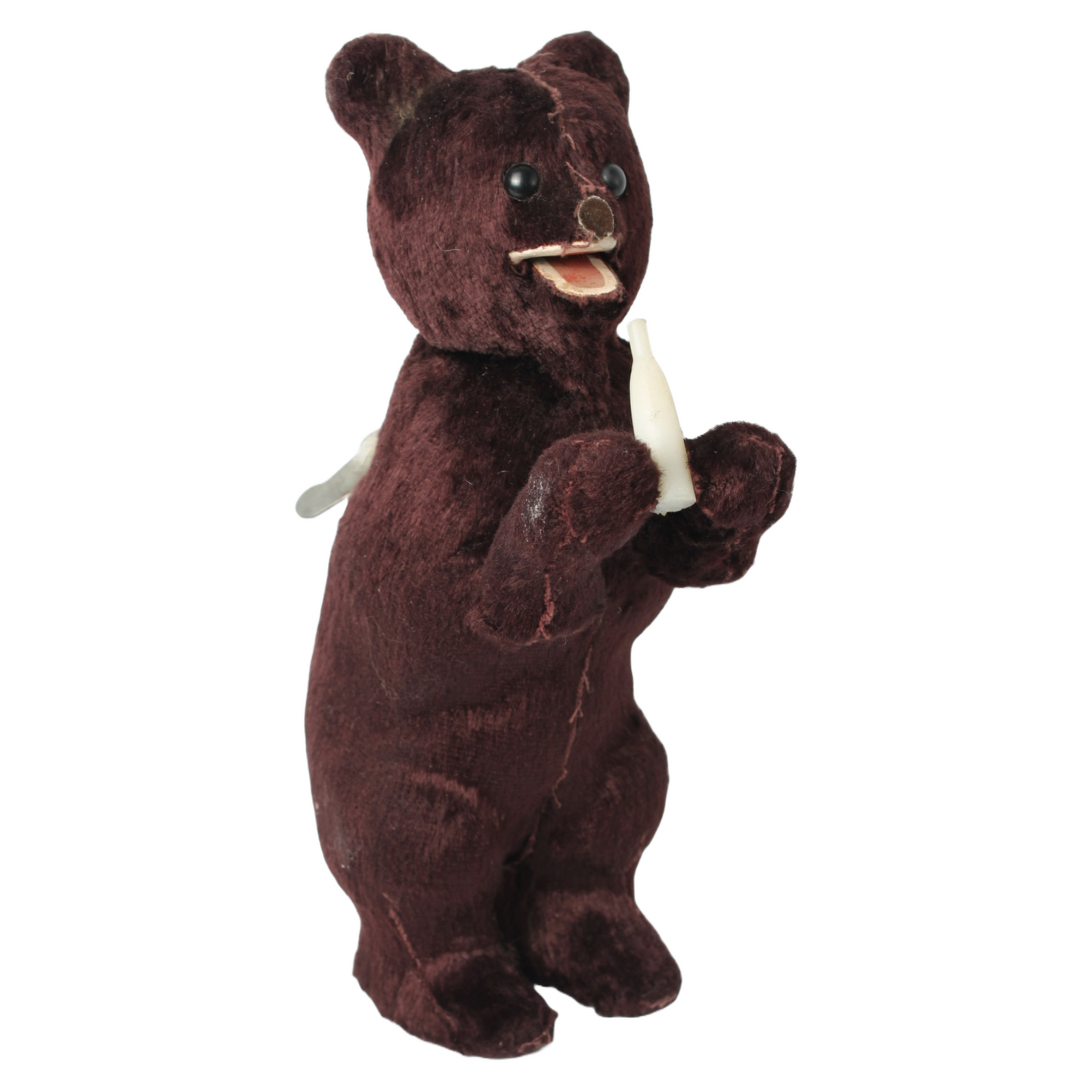Mechanical Wind-Up Bear with Bottle c. 1930–1960 | Dark Brown Plush Toy Bear