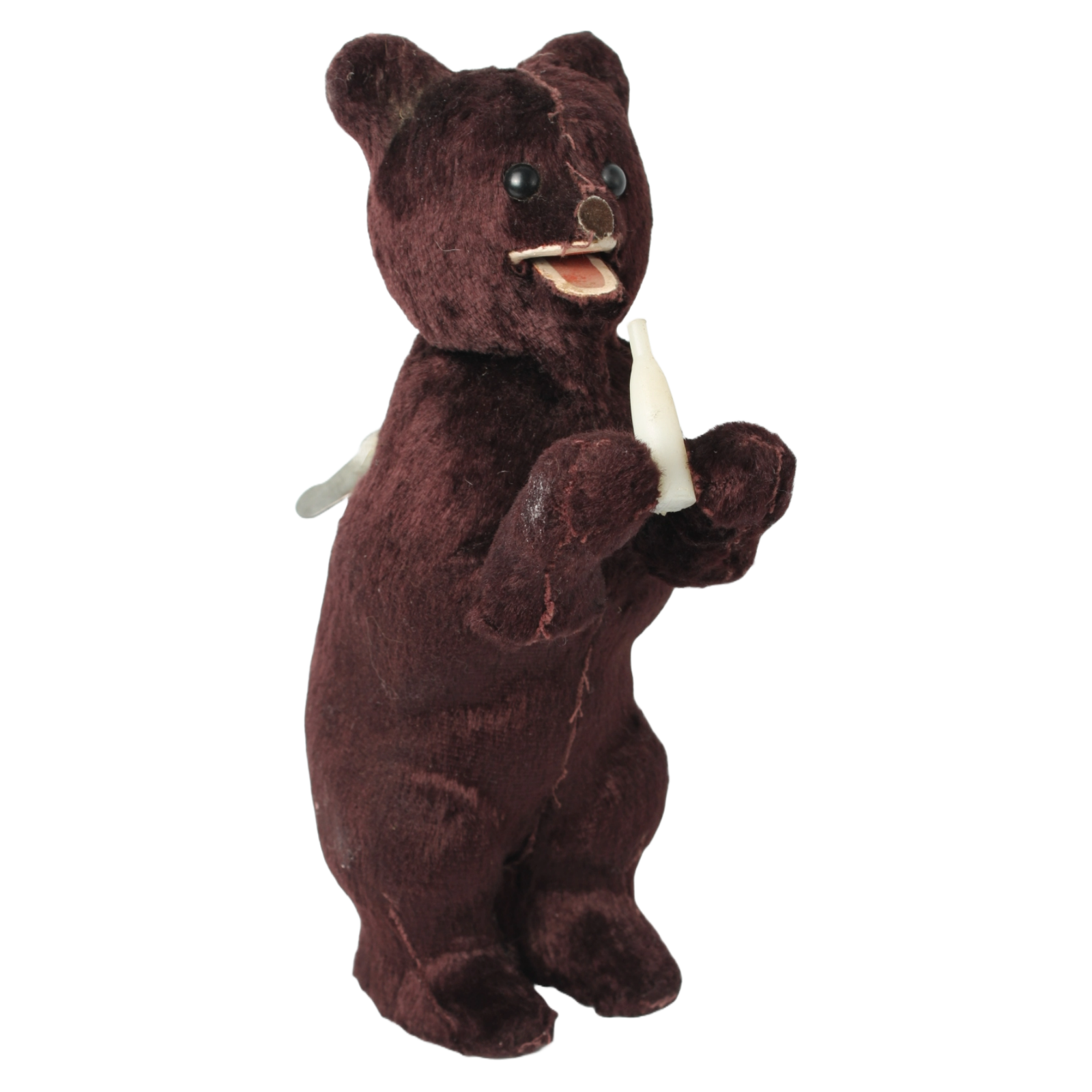 Mechanical Wind-Up Bear with Bottle c. 1930–1960 | Dark Brown Plush Toy Bear