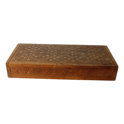 Antique Wooden Storage Box – Hand-Carved Geometric Design – Decorative and Funct